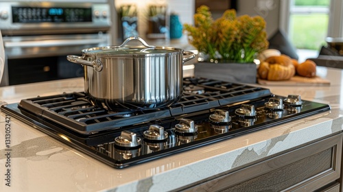 A modern kitchen scene featuring a pot on a gas stove with a decorative plant in the background.