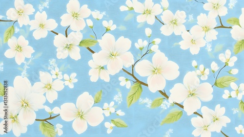 Pastel White Flowers Blue Background Spring Blossom Floral Pattern
