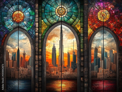 Panoramic view big city  a modern metropolis Dubai  United Arab Emirates  in the theme of stained glass  mosaic.