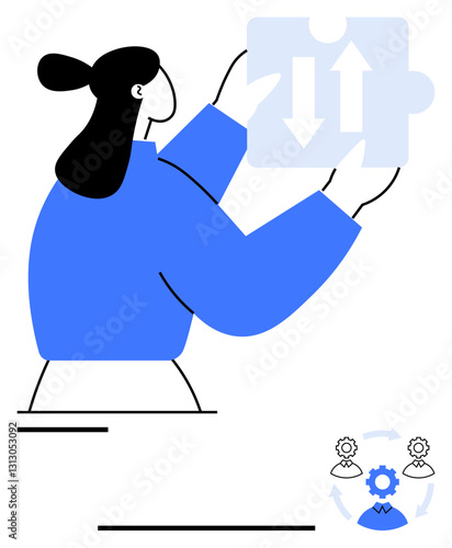 Woman assembling puzzle piece with arrows integration concept at work. Ideal for teamwork, strategy, problem-solving, communication, collaboration, systems thinking, process flow. Flat simple