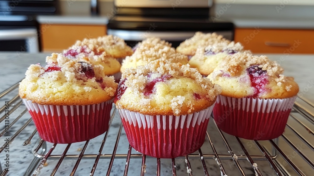 Freshly Baked Muffins with Crumb Topping on Wire Rack Freshly Baked Muffins with Crumb Topping on Wire Rack