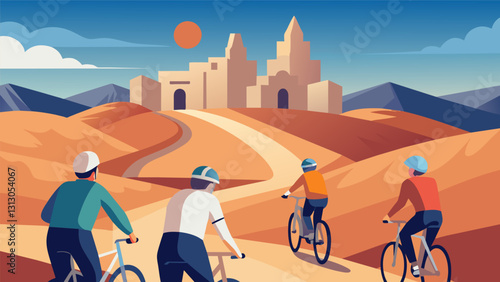 Grayhaired cyclists taking in the stunning views of a vast desert landscape traversing through sand dunes and ancient ruins.. Vector illustration