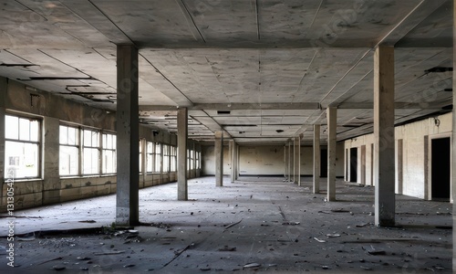 Empty Industrial Interior Grey Concrete, Natural Light, and Signs of Decay