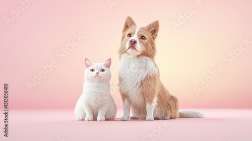 Wallpaper Mural A side-profile 3D render of a dog and cat sitting together, with smooth curves, realistic fur texture, and soft lighting against a neutral gradient backdrop. Torontodigital.ca