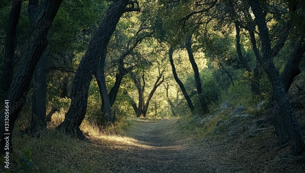 Naklejka premium Sun Dappled Forest Path Tranquil Green Woodland Scene with White Petals