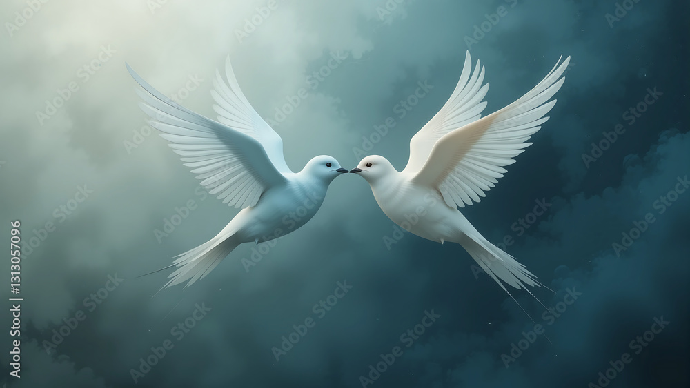 Obraz premium Two white doves kissing in flight against cloudy sky. Their wings create a harmonious silhouette against the backdrop of clouds