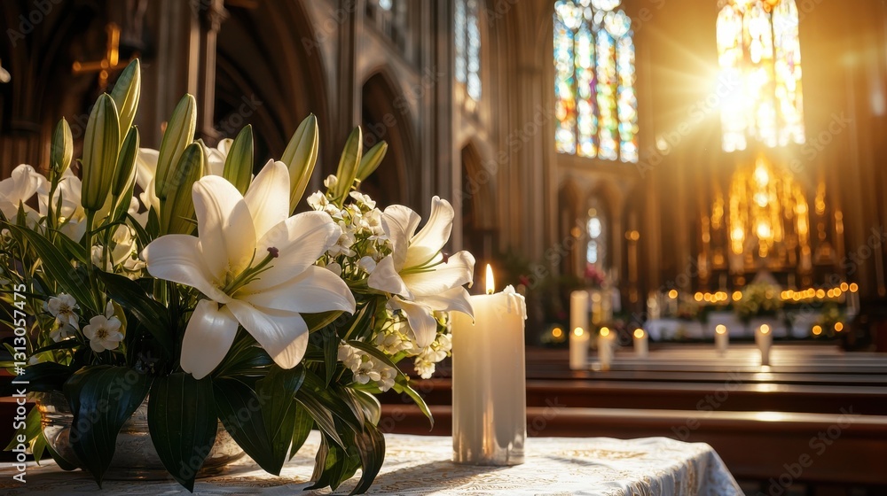 A beautiful arrangement of white flowers sits on a table in a church A beautiful arrangement of white flowers sits on a table in a church