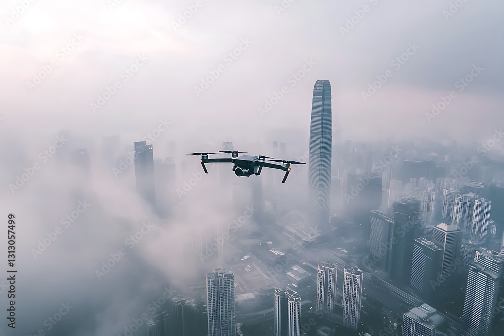 Drone Soaring Above a Misty Cityscape Drone Soaring Above a Misty Cityscape