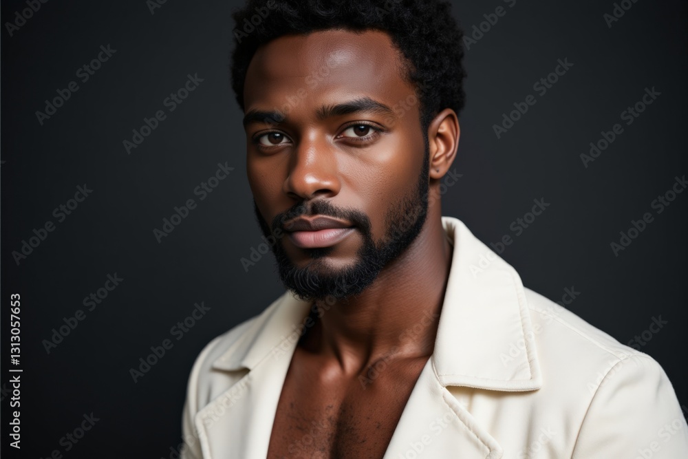 A Portrait of a Confident Black Male Model in His Late 20s, Featuring Strong Facial Features and a Stylish, Contemporary Outfit Against a Dark Background. A Portrait of a Confident Black Male Model in His Late 20s, Featuring Strong Facial Features and a Stylish, Contemporary Outfit Against a Dark Background.