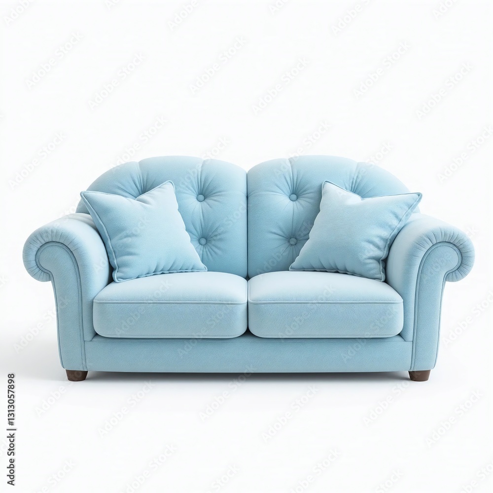 Fototapeta premium Elegant Light Blue Tufted Sofa with Pillows Classic Design Home Decor