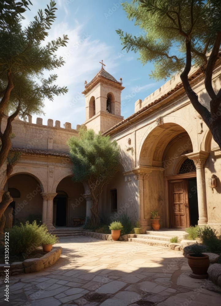 Fototapeta premium High-walled monastery with olive trees in the courtyard, courtyard, greece
