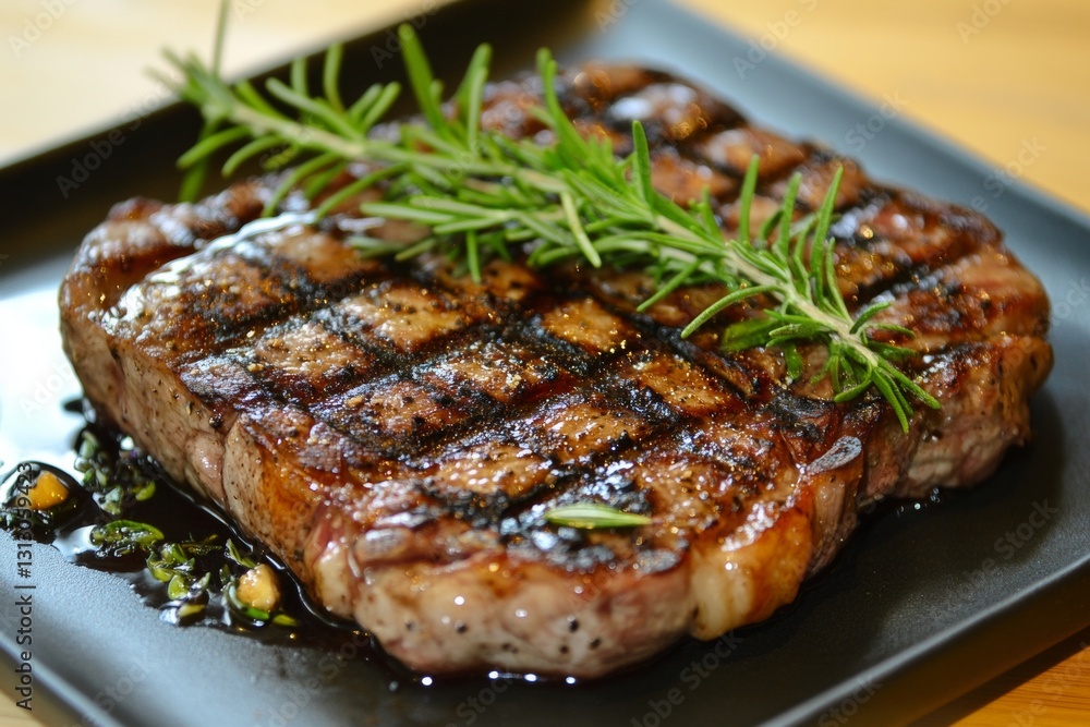 Grilled steak with perfect grill marks and garnished with fresh rosemary , 32k Resolution Grilled steak with perfect grill marks and garnished with fresh rosemary , 32k Resolution