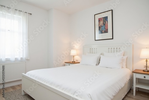 Cozy Modern Bedroom Interior Featuring White Bed  Soft Lighting  and Minimalist Decor  Perfect for Relaxation and Resting Moments in a Serene Environment