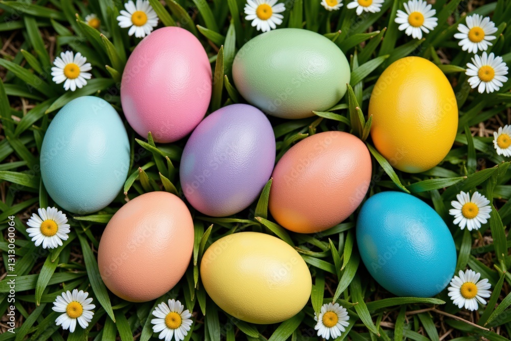 A Colorful Collection of Easter Eggs Nestled Among Green Grass and Daisies, Showcasing Bright Pastels and Delicate Floral Accents for a Vibrant Spring Celebration A Colorful Collection of Easter Eggs Nestled Among Green Grass and Daisies, Showcasing Bright Pastels and Delicate Floral Accents for a Vibrant Spring Celebration