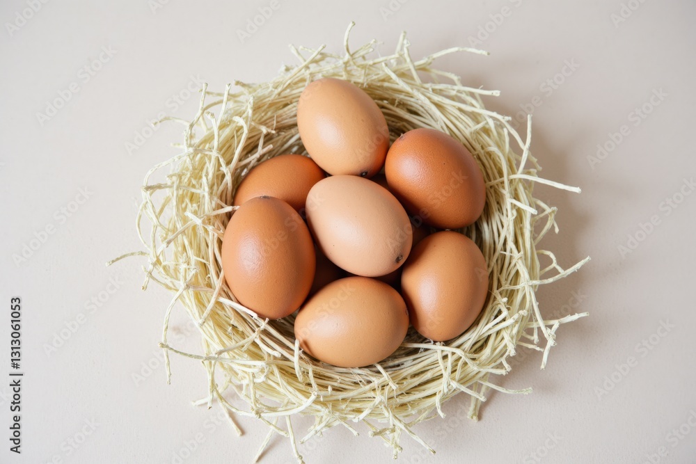 A Nest of Fresh Brown Eggs: A Cozy Collection of Natural Eggs Beautifully Arranged on Straw Providing a Rustic Aesthetic and Nutritious Potential A Nest of Fresh Brown Eggs: A Cozy Collection of Natural Eggs Beautifully Arranged on Straw Providing a Rustic Aesthetic and Nutritious Potential