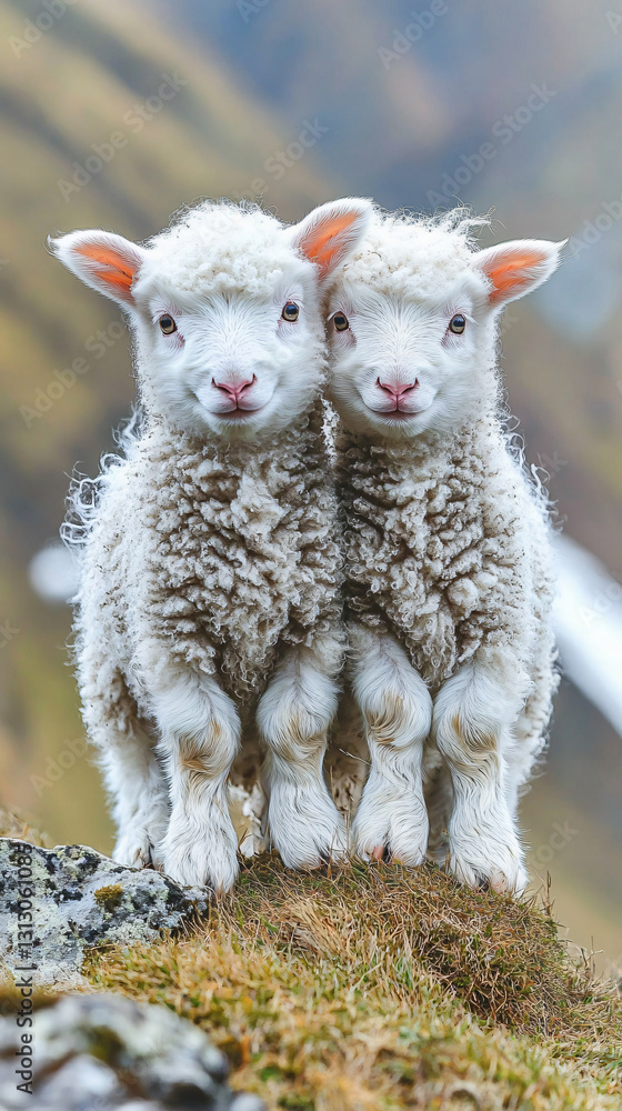 Obraz premium Two adorable white lambs fluffy wool gentle expressions standing serene pasture golden sunlight peaceful countryside setting cinematic photography heartwarming nature scene cute moment love bond