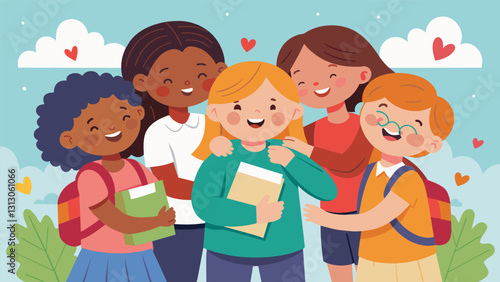 As the school year comes to a close the children bid farewell to their older friends with handmade cards and heartfelt hugs expressing their gratitude for the time spent together.. Vector illustration