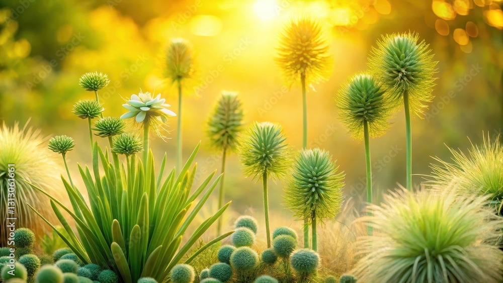 Obraz premium Golden Hour Botanical Garden Scene Lush Green Plants Bask in Warm Sunlight
