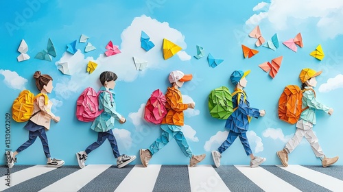 Wallpaper Mural Artistic paper collage of a school crosswalk, children in bright backpacks, crossing guard ensuring safety, charming textures Torontodigital.ca