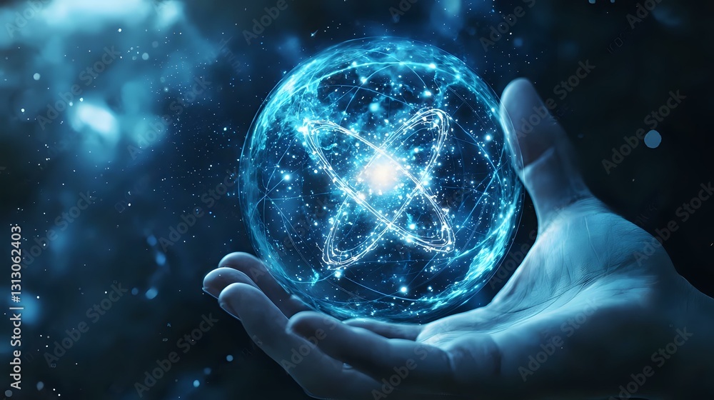 Glowing blue sphere with network connections floating above palm against dark background, representing digital transformation and global connectivity. Glowing blue sphere with network connections floating above palm against dark background, representing digital transformation and global connectivity.