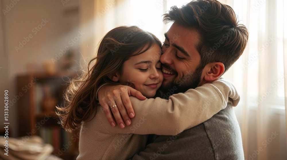Father and daughter hugging with smiles in cozy home setting Father and daughter hugging with smiles in cozy home setting
