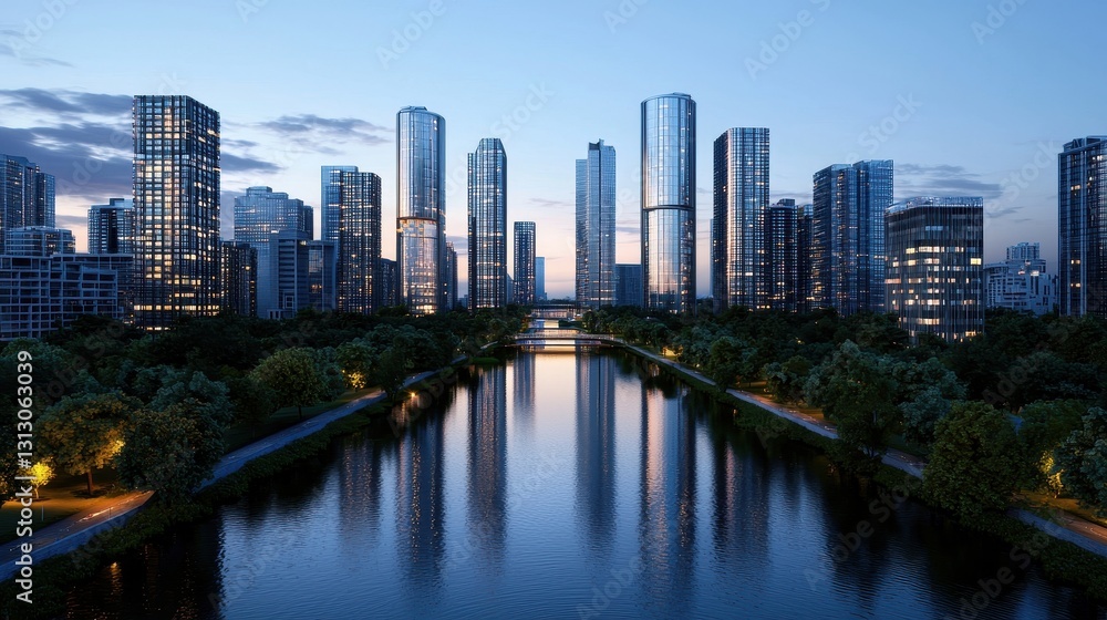 Naklejka premium Modern city skyline at dusk reflecting in the river. Urban landscape with skyscrapers and green trees.