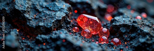 Inclusions of hematite and magnetite in dark volcanic rock, textures,