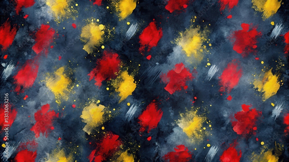 Abstract Dynamic Splashes of Red and Gold on Dark Background, Ideal for Textile Design and Artistic Projects