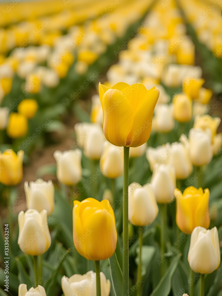 Obraz premium Yellow tulip hed over white tulips field background