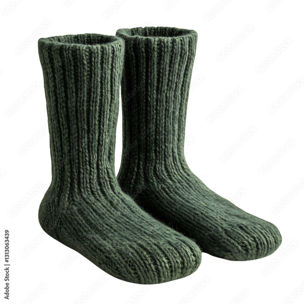 A Pair of Knitted Wool Boot Socks in Forest Green Isolated on Transparent Background A Pair of Knitted Wool Boot Socks in Forest Green Isolated on Transparent Background