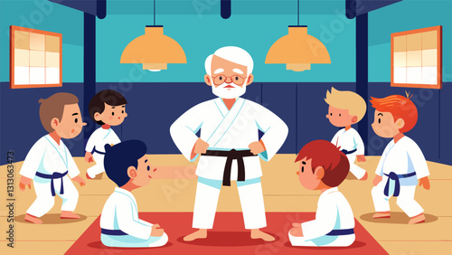 In a quiet dojo a senior student patiently watches and learns from their younger classmates proud to be continuously improving their karate skills at any age.. Vector illustration