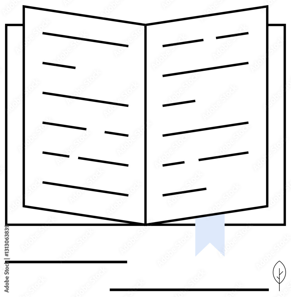 Open book with pages showing text lines and a blue bookmark, symbolizing education, knowledge, research, literature, storytelling, creative writing, and study. Ideal for flat simple metaphor Open book with pages showing text lines and a blue bookmark, symbolizing education, knowledge, research, literature, storytelling, creative writing, and study. Ideal for flat simple metaphor