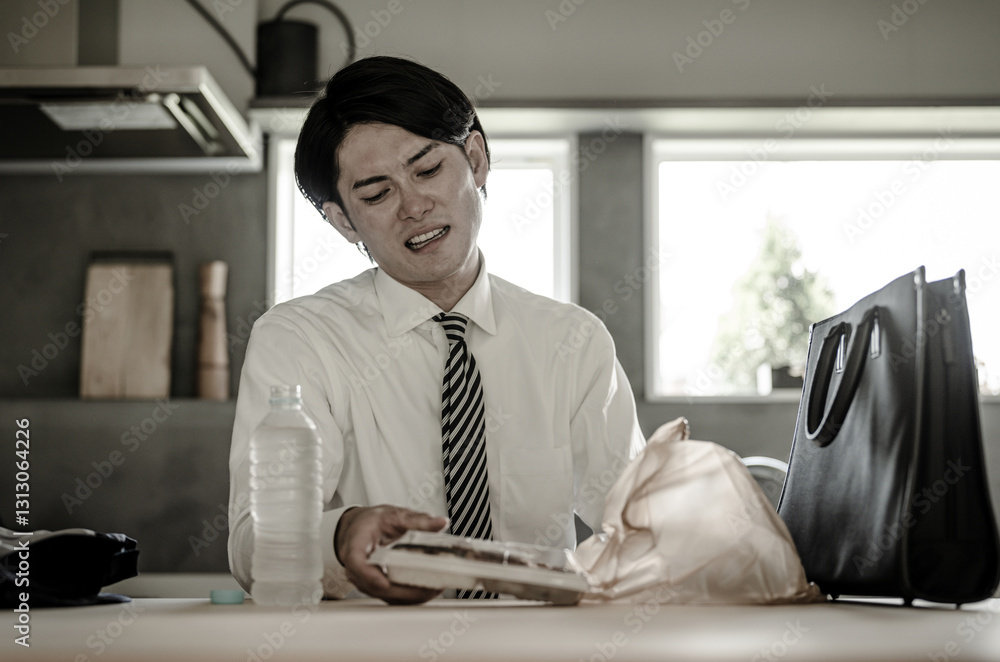 Φωτογραφία 自宅でコンビニ弁当に飽きる若いアジア人ビジネスマン（栄養バランス・食生活）