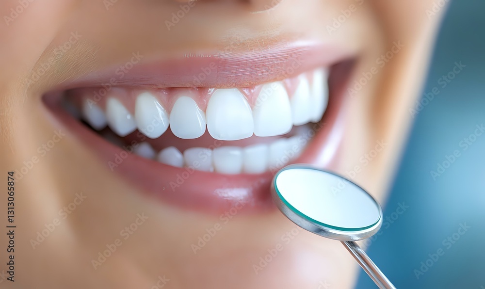 Fototapeta premium Close up of bright white healthy teeth with dental mirror showing perfect smile after professional cleaning and whitening treatment for dental care concept.