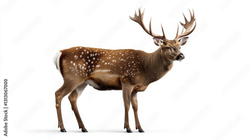 A deer with antlers stands in front of a white background A deer with antlers stands in front of a white background