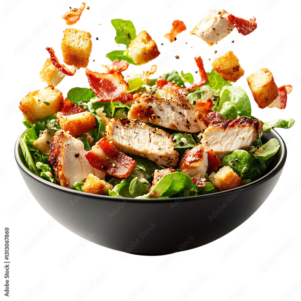 A Fresh Chicken Caesar Salad with Bacon Croutons Isolated on Transparent Background A Fresh Chicken Caesar Salad with Bacon Croutons Isolated on Transparent Background