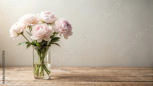 Wallpaper Mural A delicate bouquet of pale pink peonies arranged in a clear glass vase sits on a rustic wooden surface against a neutral backdrop Torontodigital.ca
