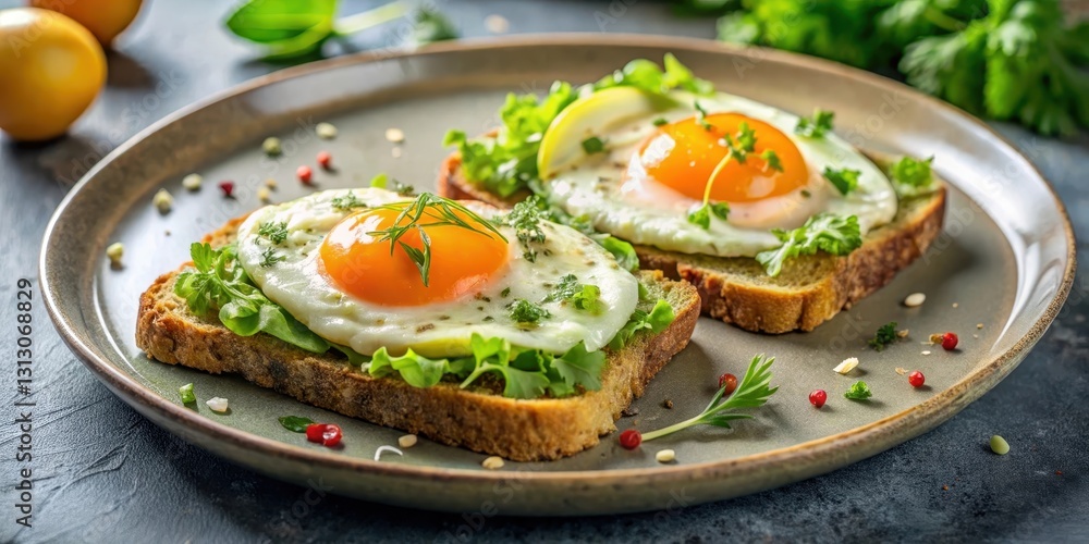 Delicious fried eggs on whole grain toast with fresh greens and herbs Delicious fried eggs on whole grain toast with fresh greens and herbs