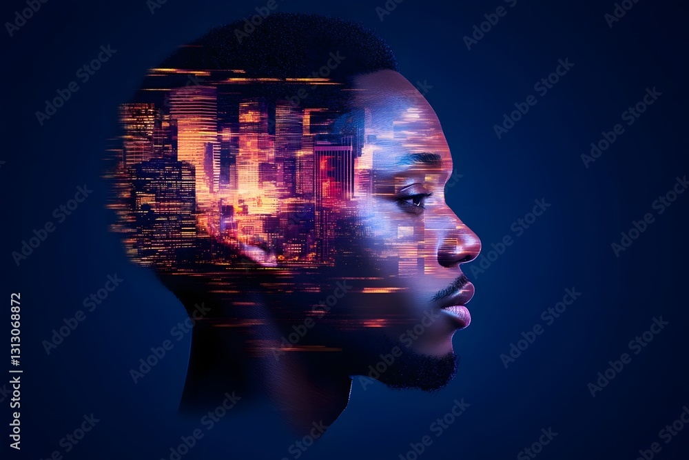 Obraz premium Mosaic Animated Portrait of Seamless Digital Composite with Glitching Transitions and Experimental Visual Style