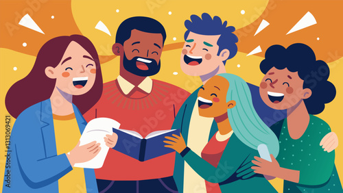 Laughter and tears mingle together as the poets share their work their vulnerability and strength shining through with each verse.. Vector illustration