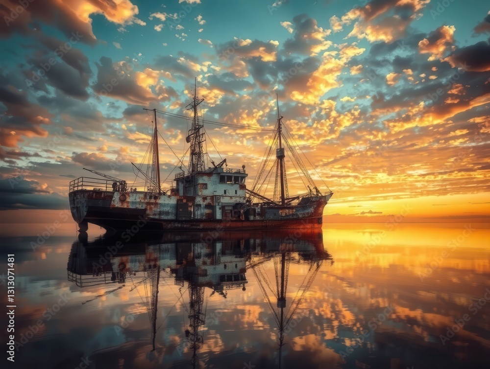 Obraz premium Abandoned fishing boat reflecting in calm water at sunset
