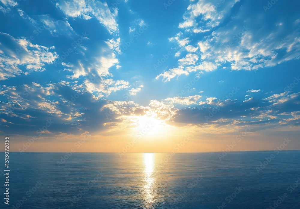 Fototapeta premium Serene Sunset Over Calm Ocean Waters with Soft Clouds and Beautiful Sky Reflections Creating a Peaceful and Tranquil Atmosphere
