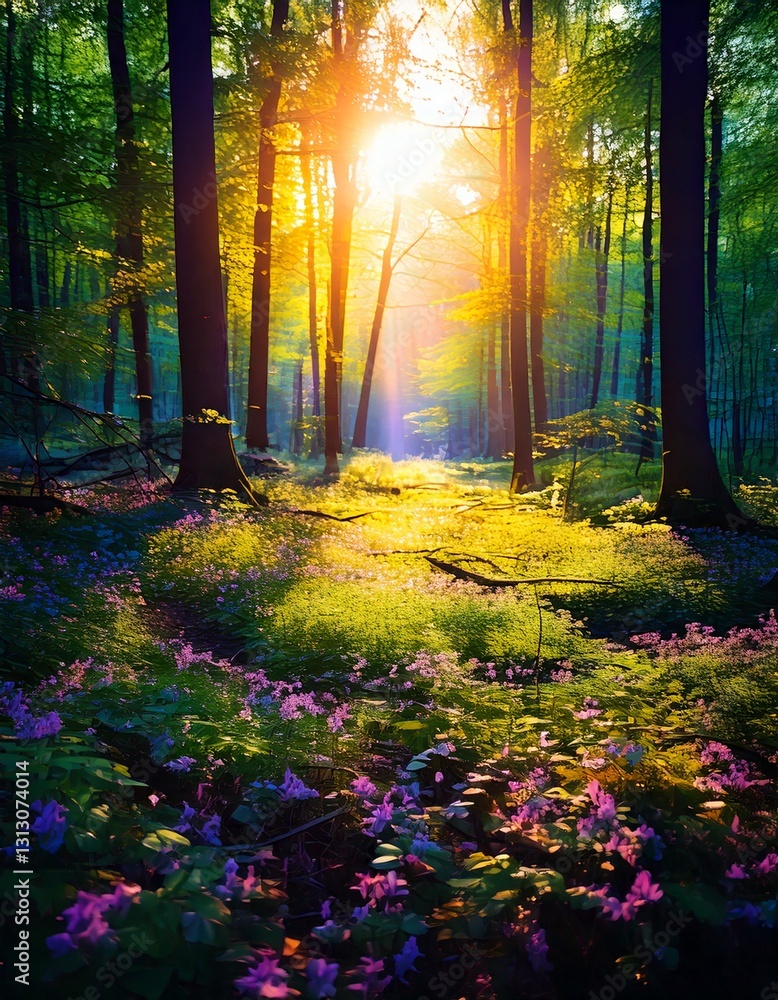 Obraz premium Beautiful sunrise in bright rays of the sun in a green forest with flowers