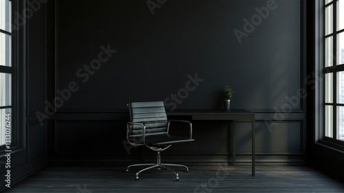 Dark office room with desk and chair. Empty workspace. Possible use Interior design photo