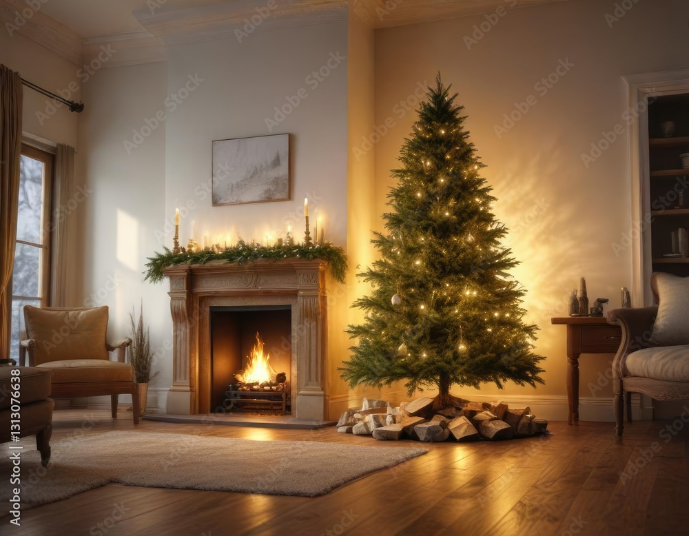 Majestic fir Christmas tree with a golden light shining from behind the fireplace, holiday decor, christmas tree Majestic fir Christmas tree with a golden light shining from behind the fireplace, holiday decor, christmas tree