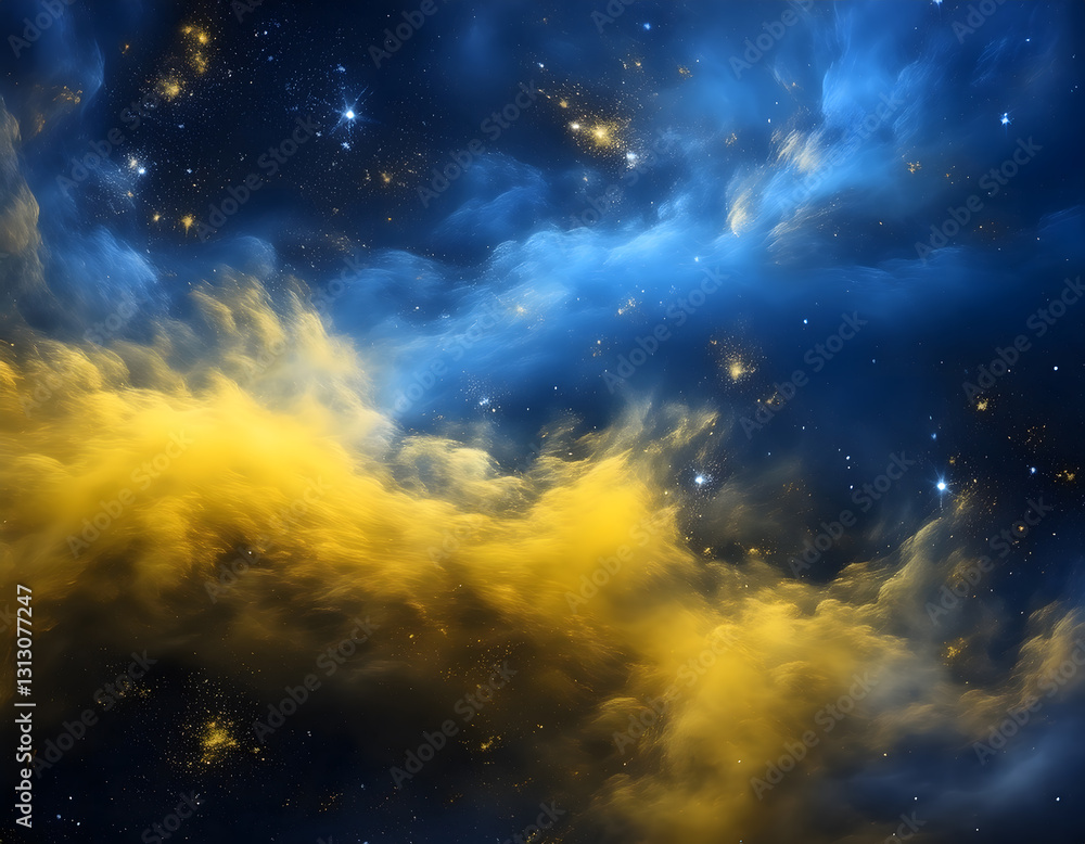 Fototapeta premium Abstract swirling clouds of blue and yellow with scattered gold specks, creating a celestial and dynamic composition