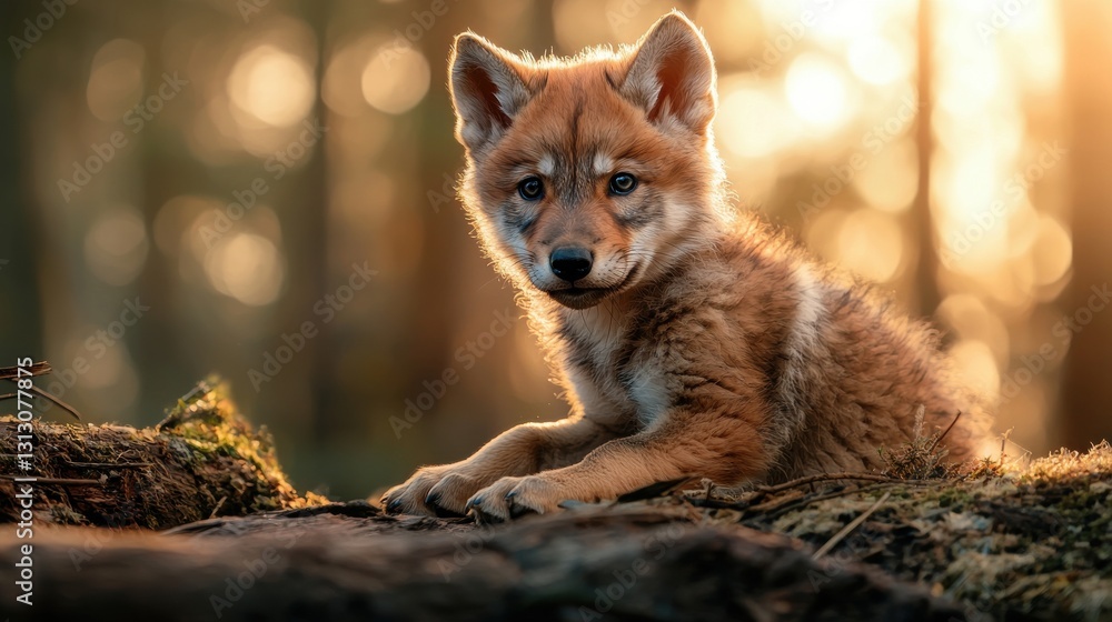 A small brown dog is laying on a log in the woods A small brown dog is laying on a log in the woods