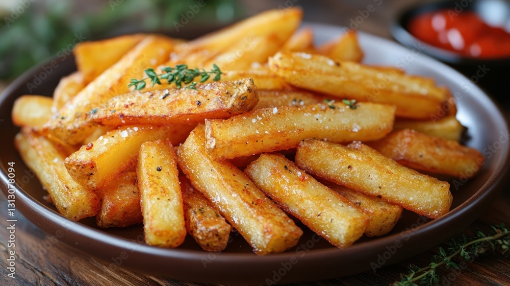 Crispy French Fries on Plate, Wooden Table Background, Ready to Eat Crispy French Fries on Plate, Wooden Table Background, Ready to Eat
