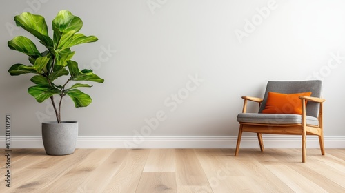 Lush green plant set in a minimalist room styled in japandi design for a tranquil and inviting living space