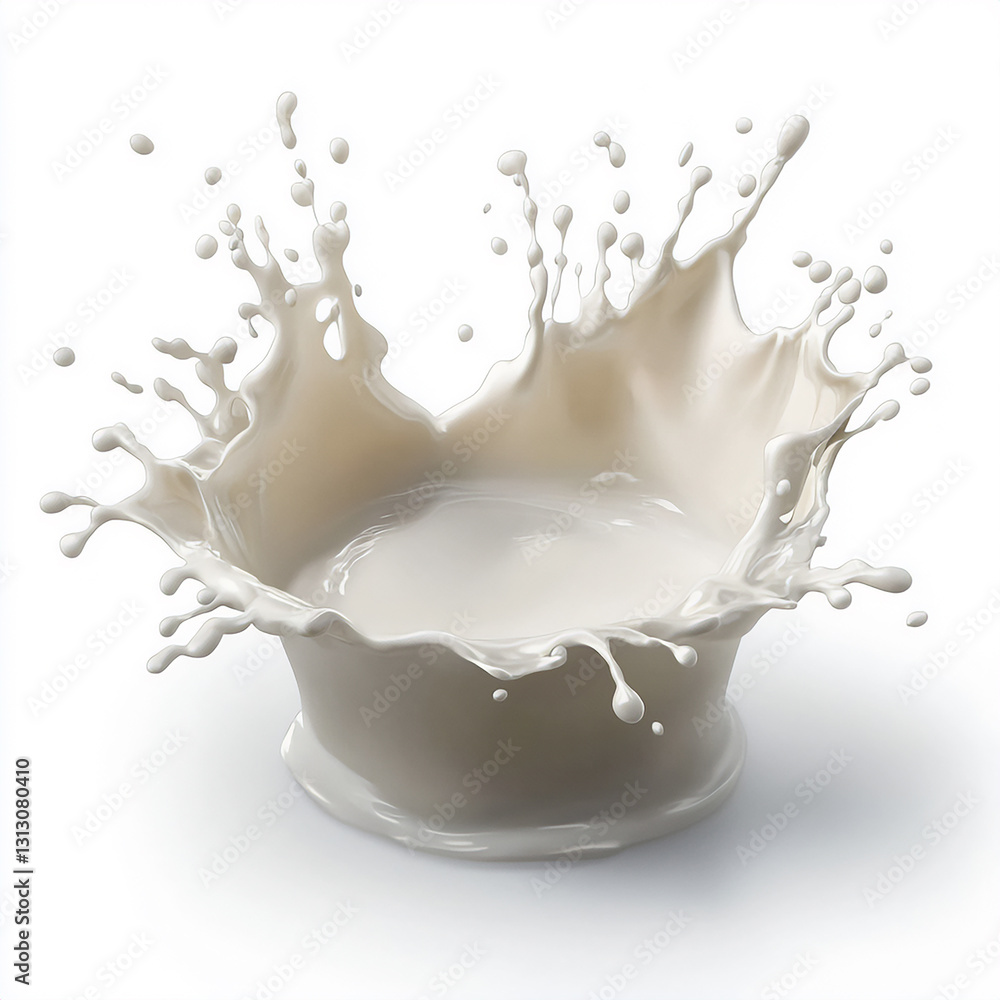 Bold milk splash illustration centered on white background for luxury dairy beverage artwork and branding Bold milk splash illustration centered on white background for luxury dairy beverage artwork and branding